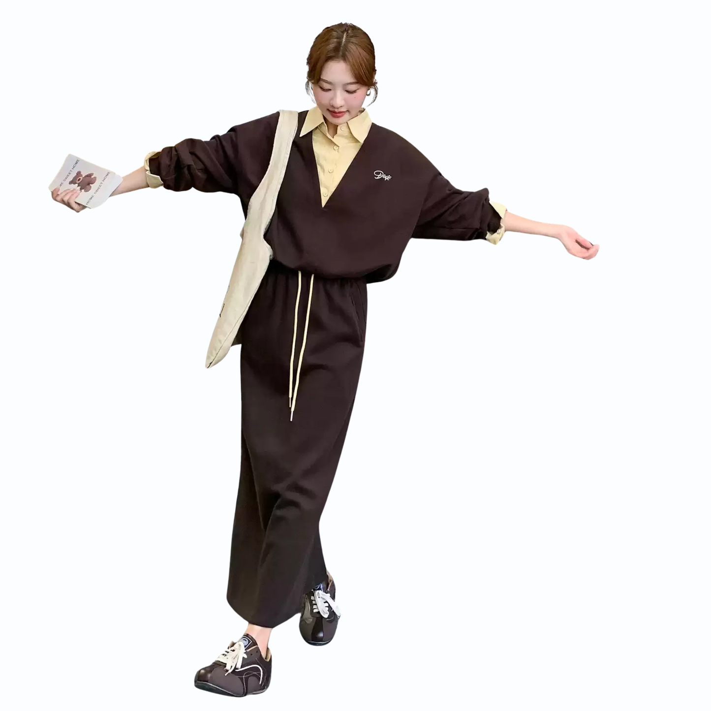 シャツレイヤード風ブラウンセットアップ