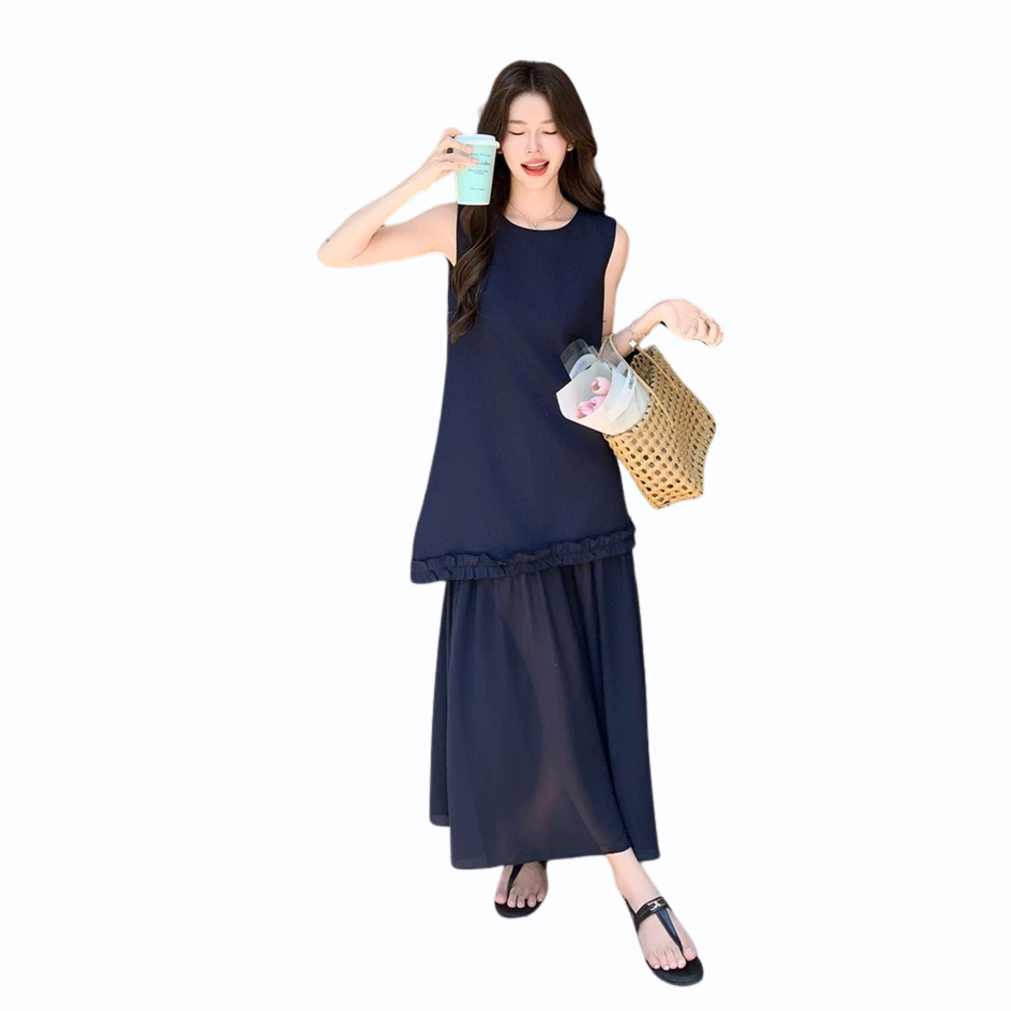 シフォン切替ロングワンピース