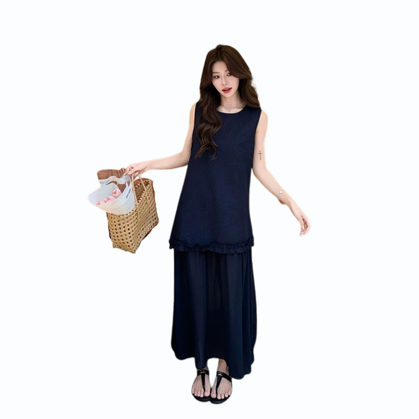 シフォン切替ロングワンピース