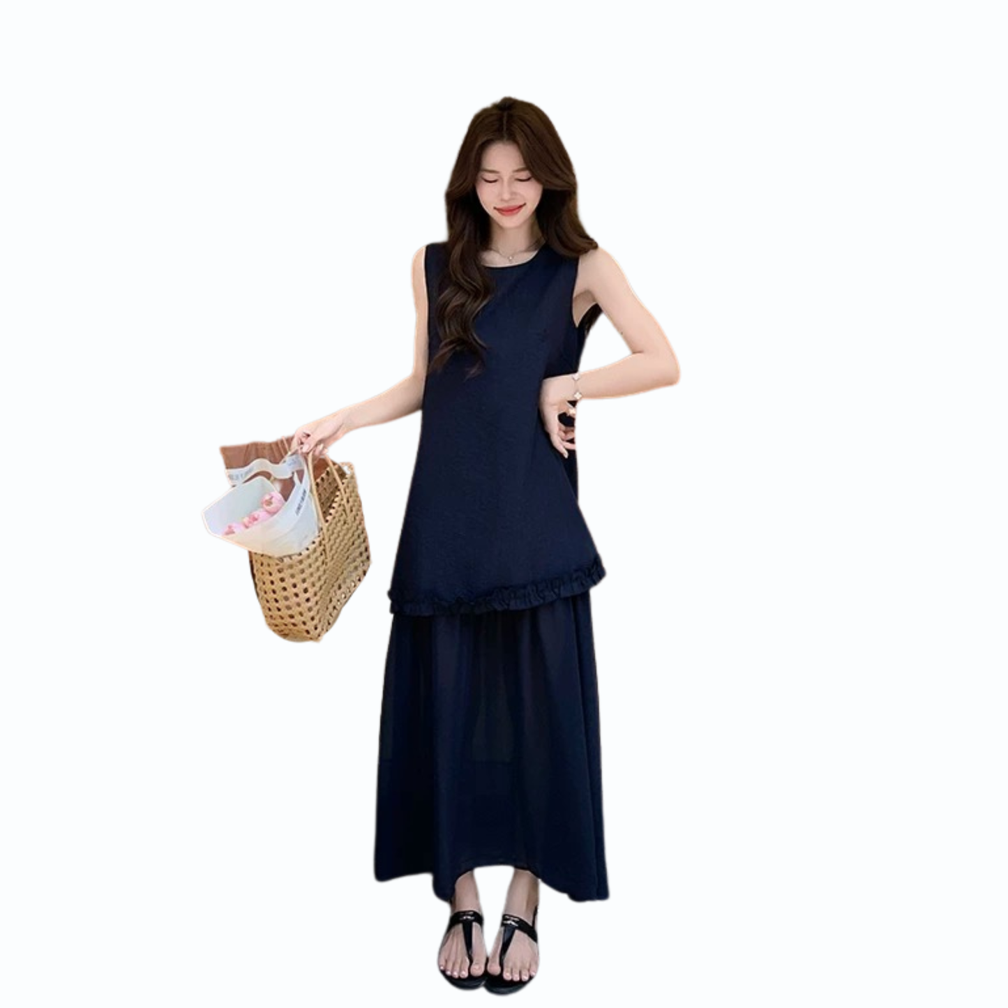 シフォン切替ロングワンピース