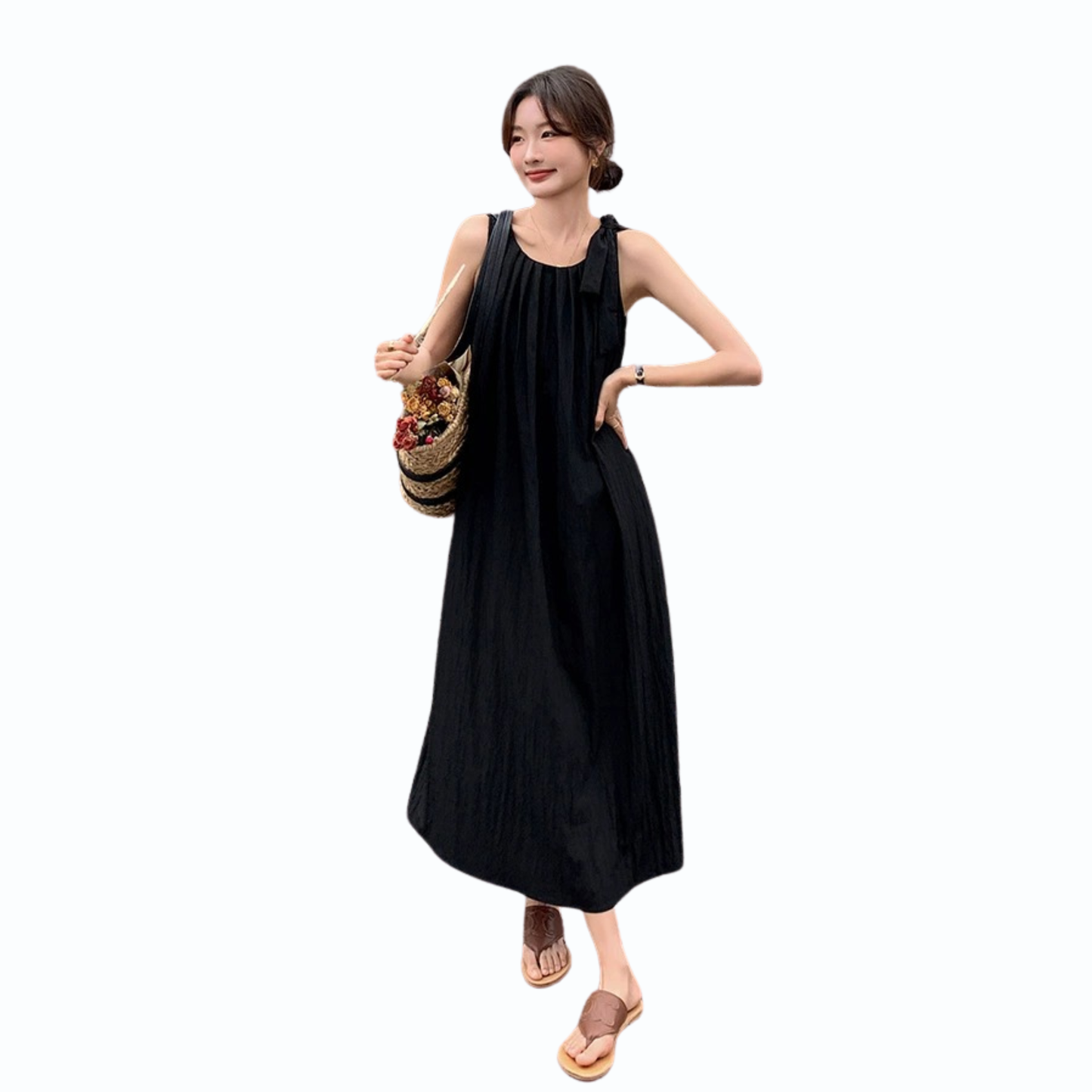 バックオープンリボンギャザーワンピース