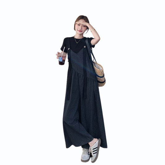 ストライプサロペットワイドパンツセット