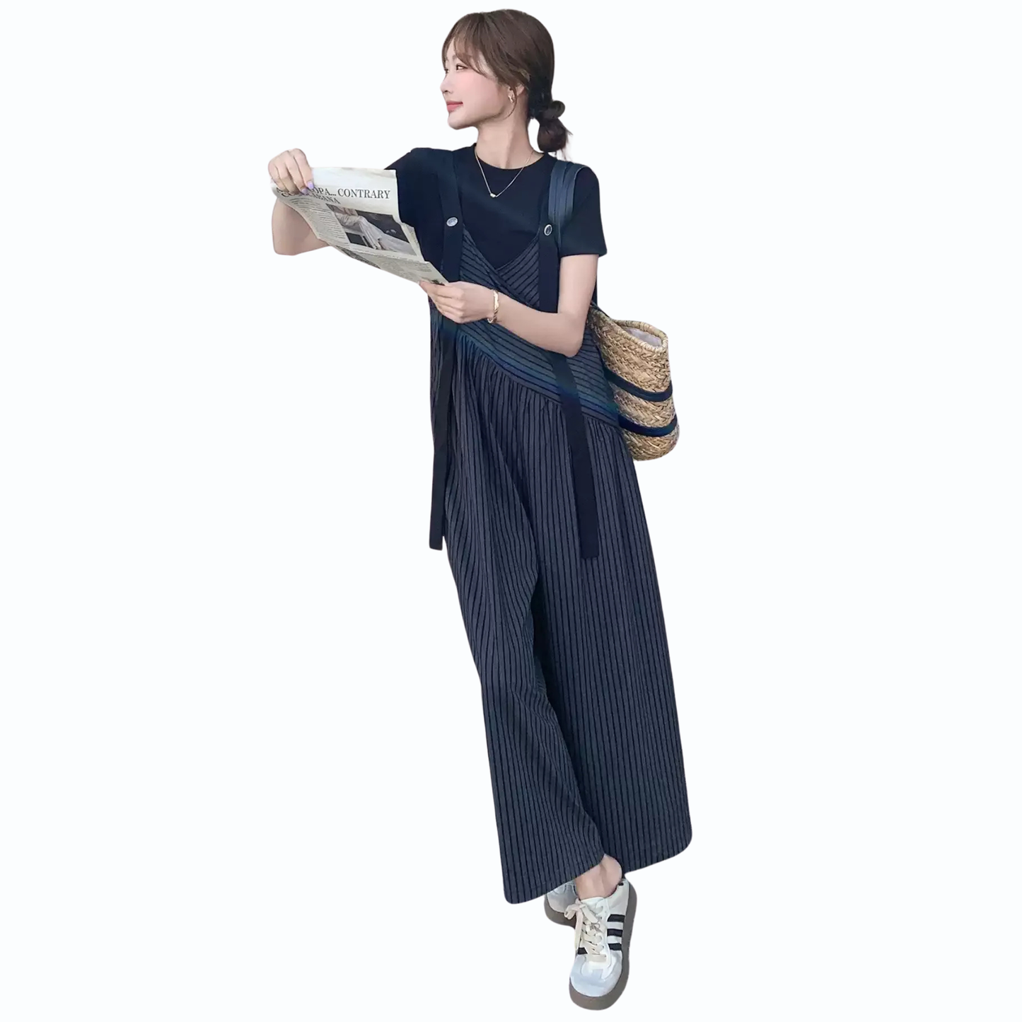 ストライプサロペットワイドパンツセット