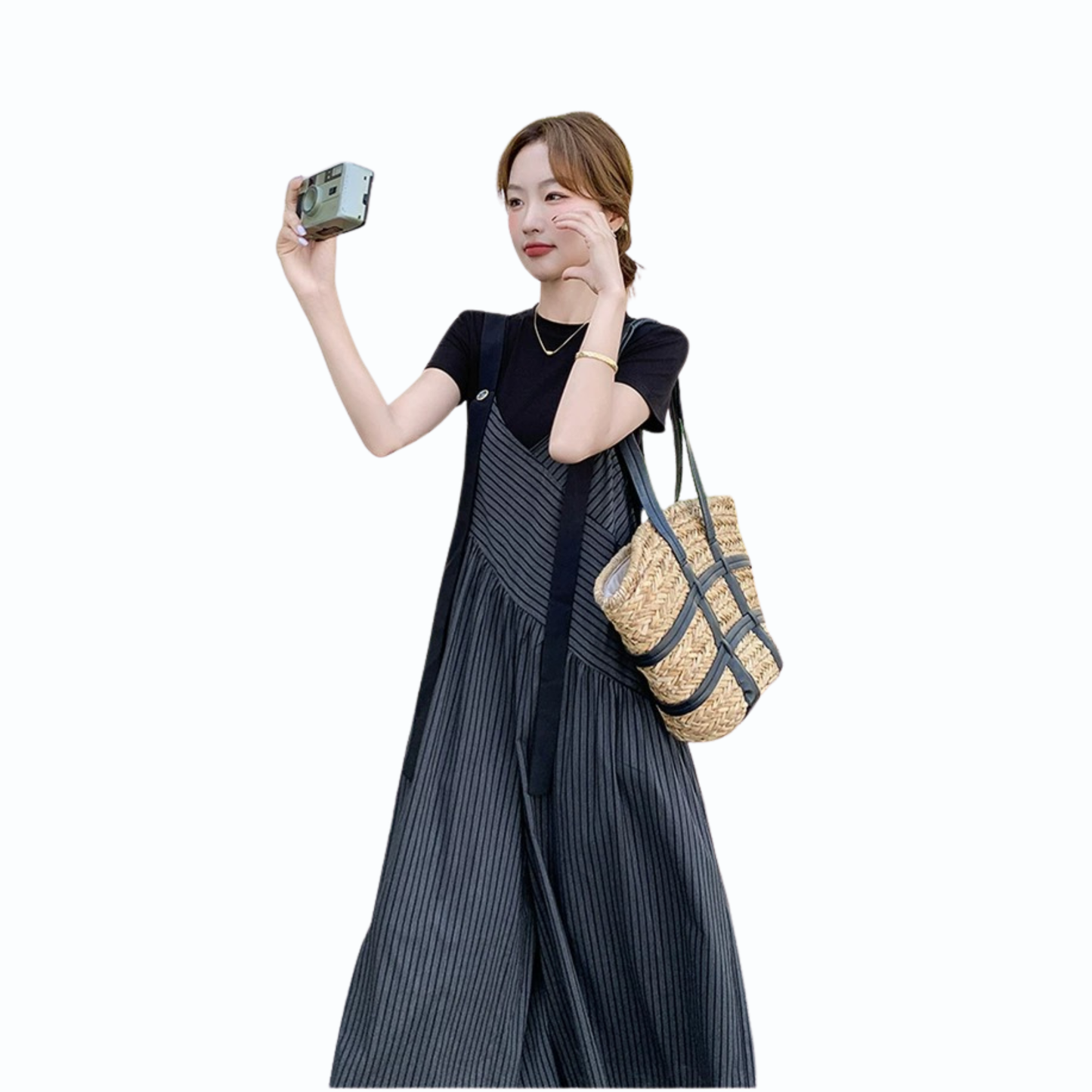 ストライプサロペットワイドパンツセット