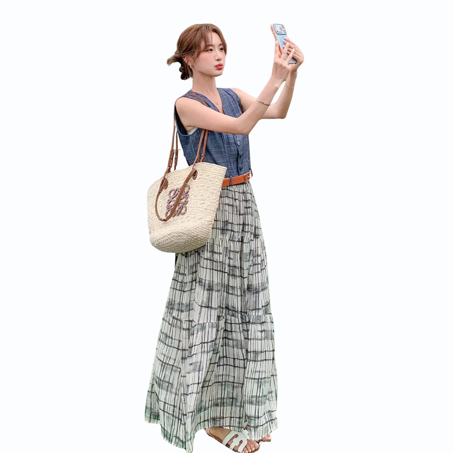 デニムライクベストチェックスカートセット
