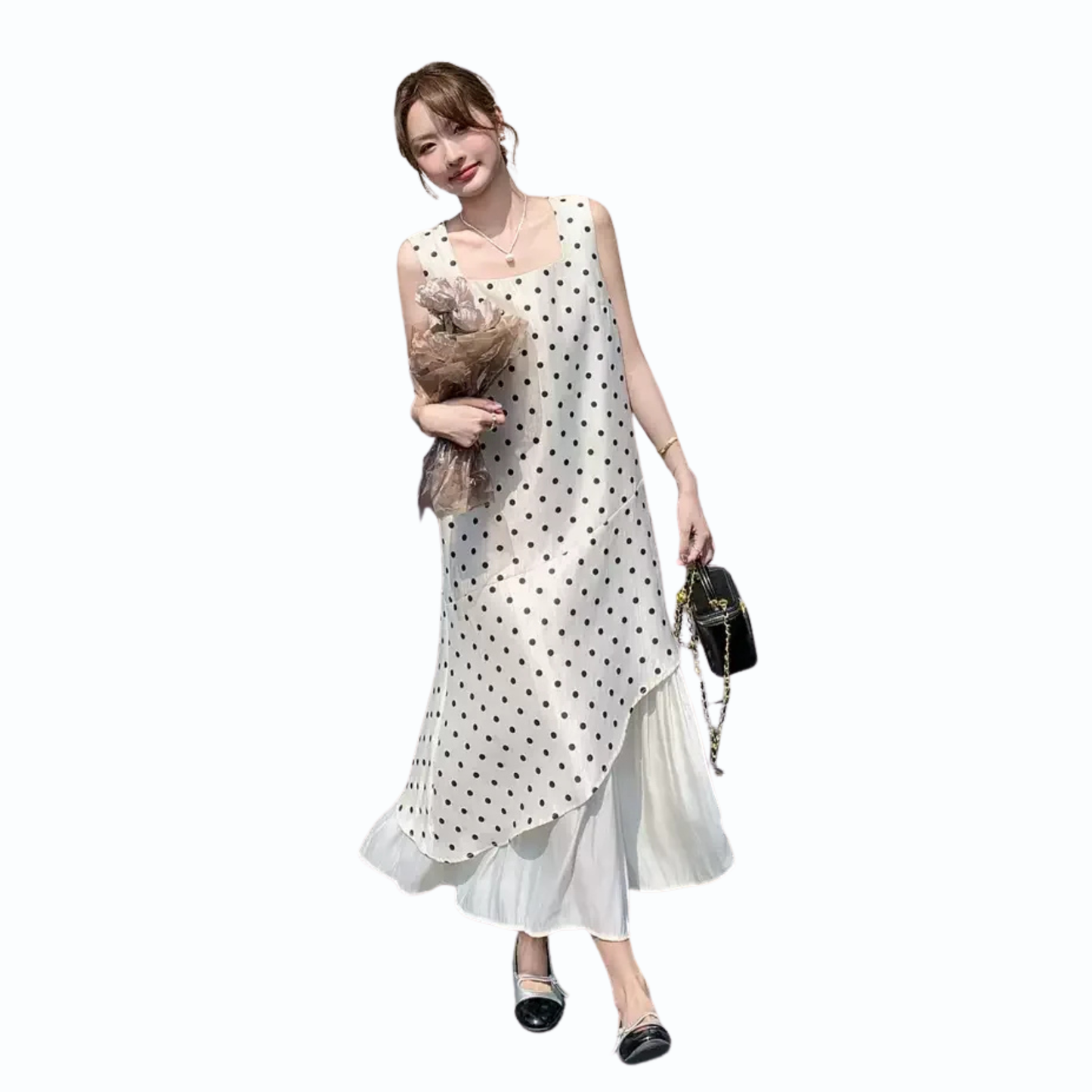 ドットシフォンレイヤードロングワンピース