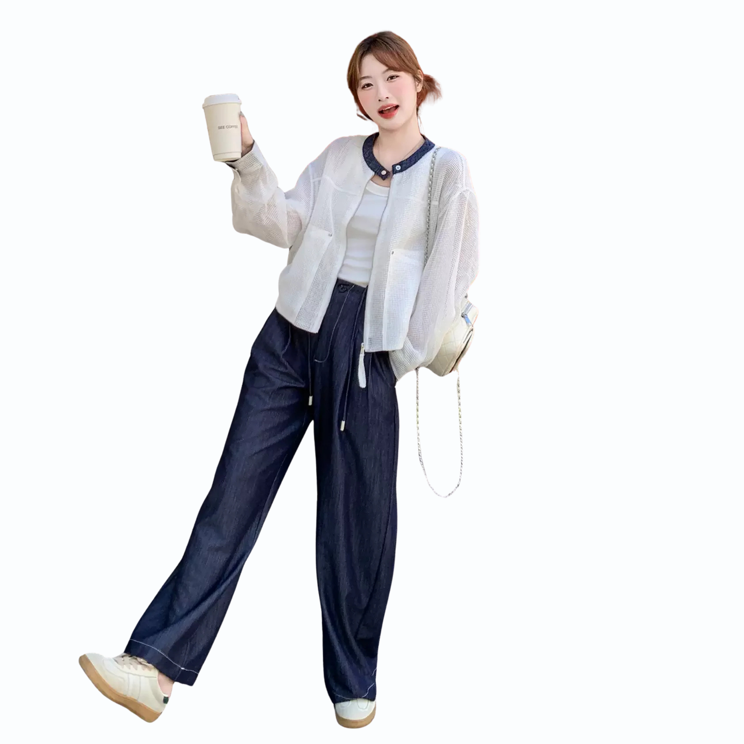 バイカラー襟付きカーディガン＋パンツセット