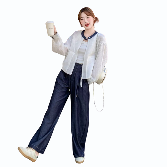 バイカラー襟付きカーディガン＋パンツセット