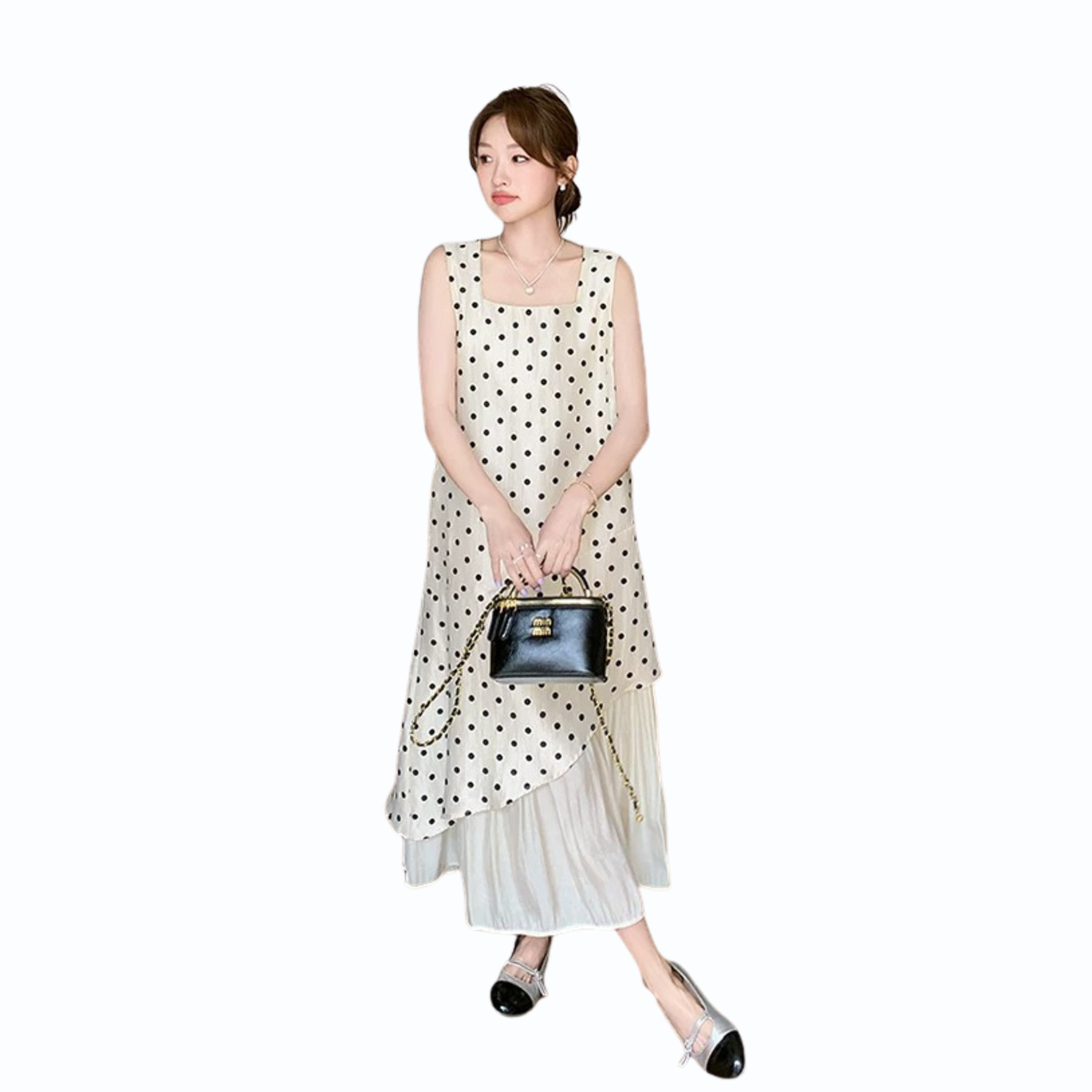 ドットシフォンレイヤードロングワンピース