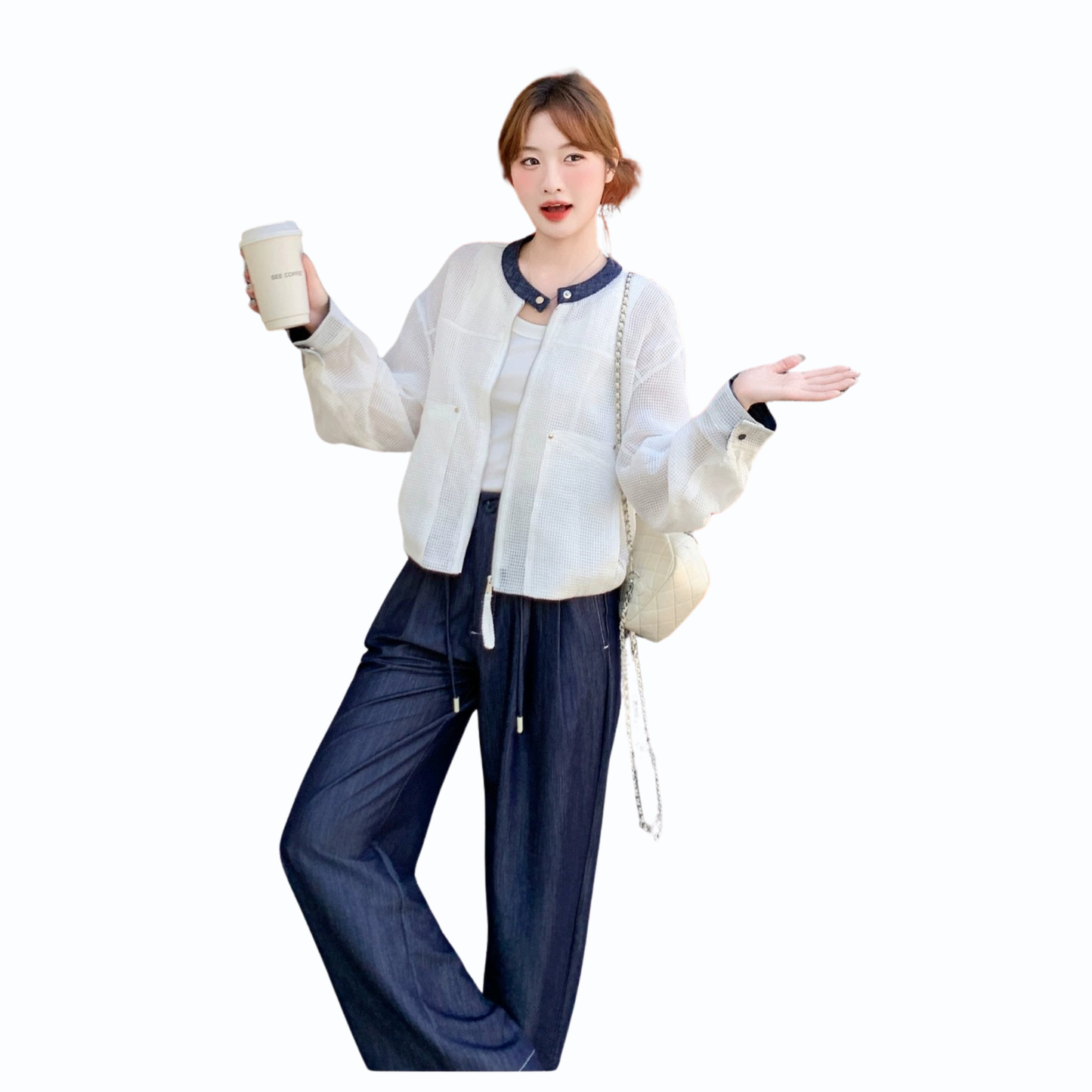 バイカラー襟付きカーディガン＋パンツセット