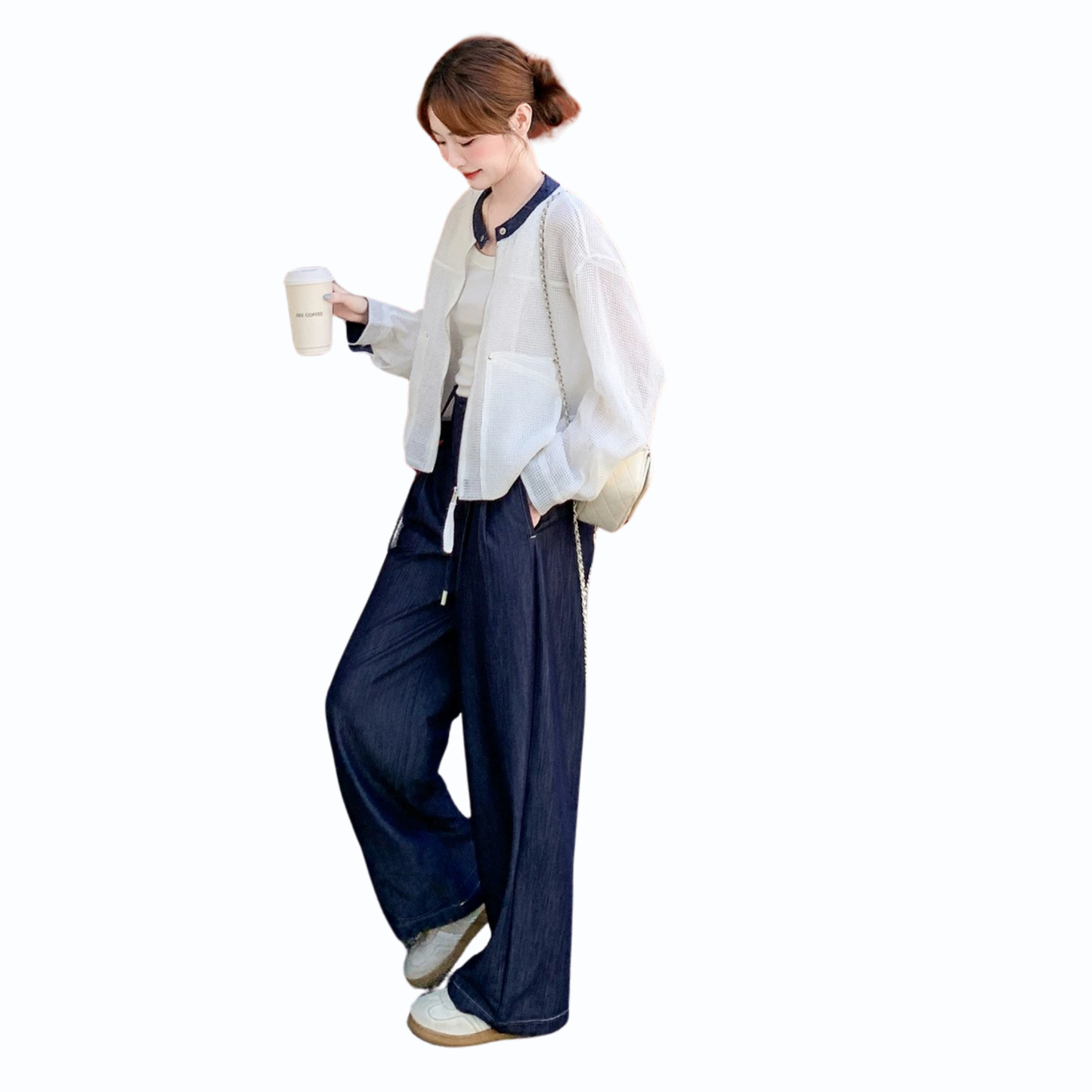 バイカラー襟付きカーディガン＋パンツセット