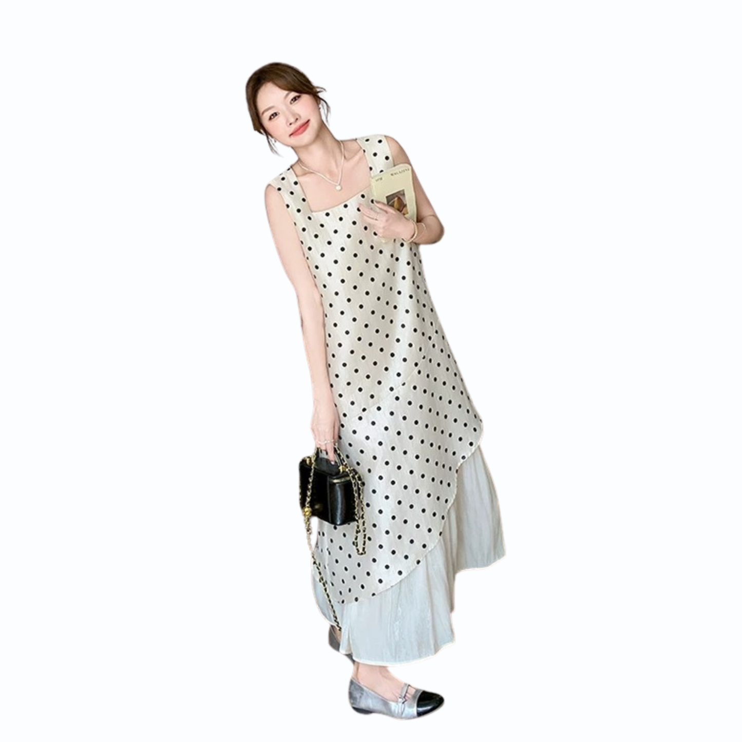 ドットシフォンレイヤードロングワンピース