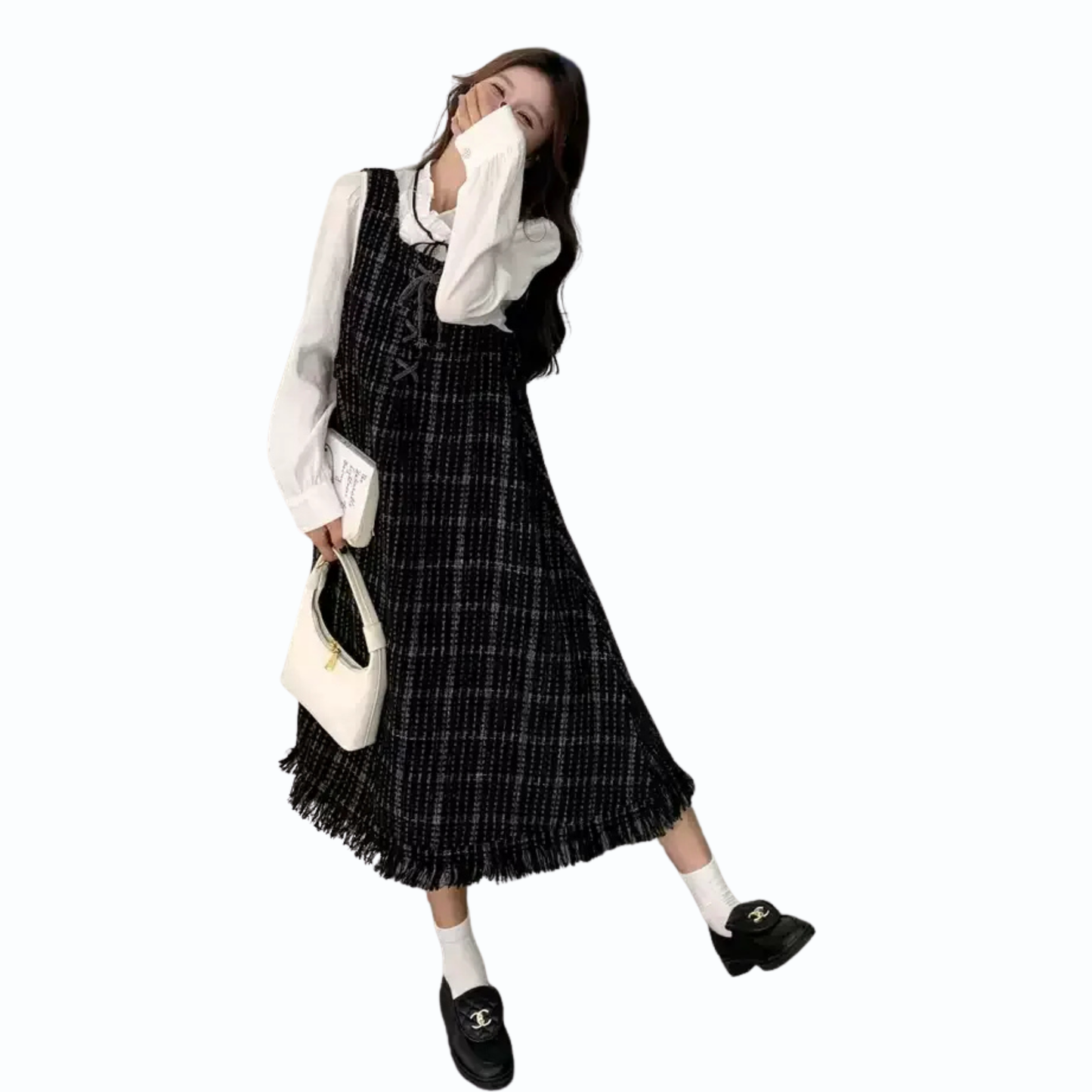 フリンジチェック柄ツイードフレアワンピース