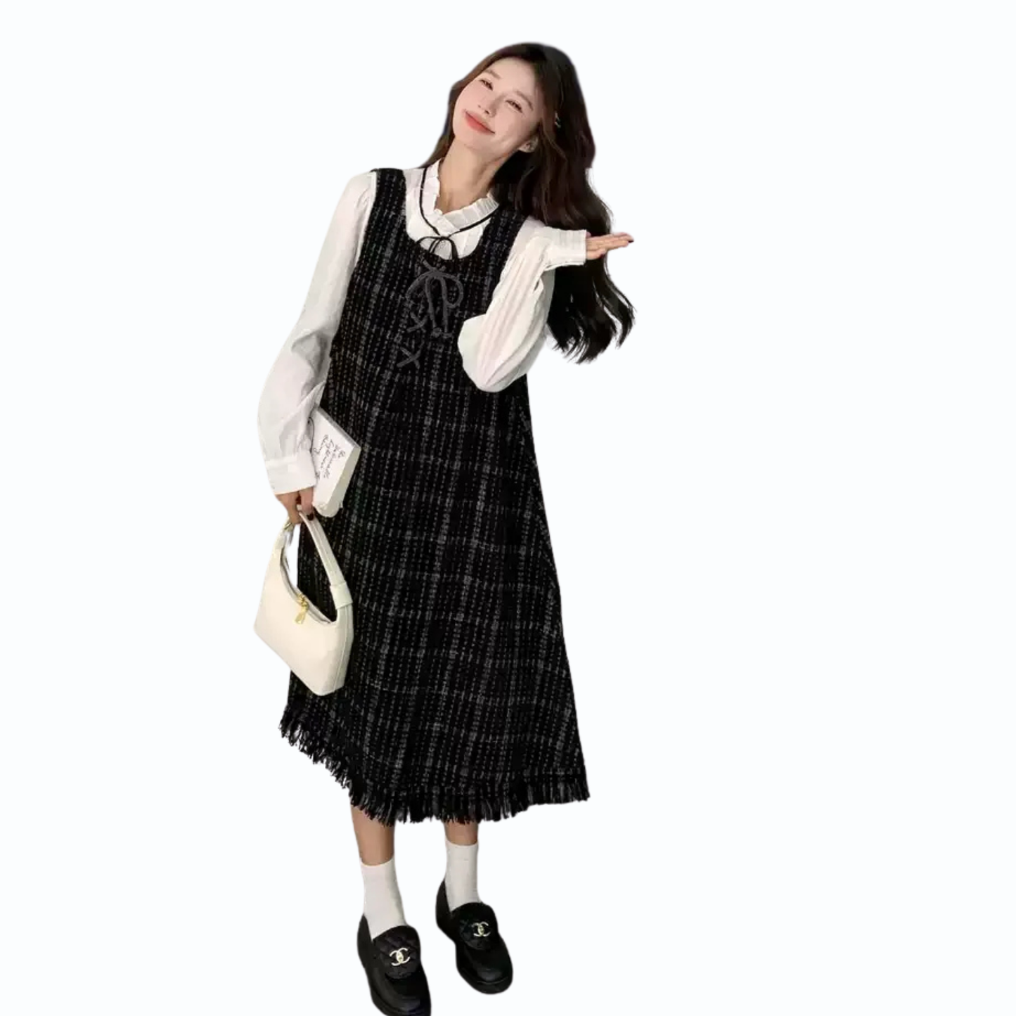 フリンジチェック柄ツイードフレアワンピース