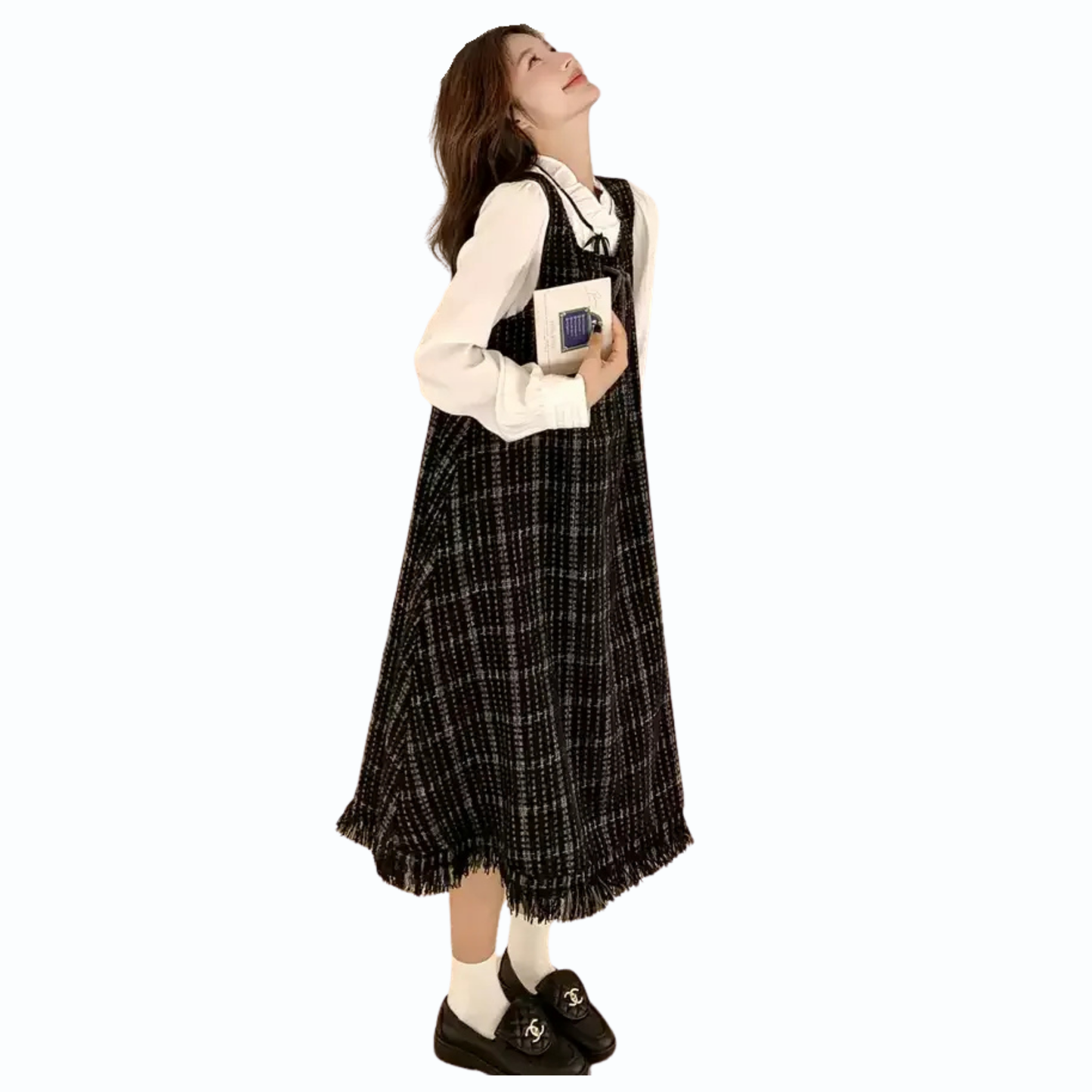 フリンジチェック柄ツイードフレアワンピース