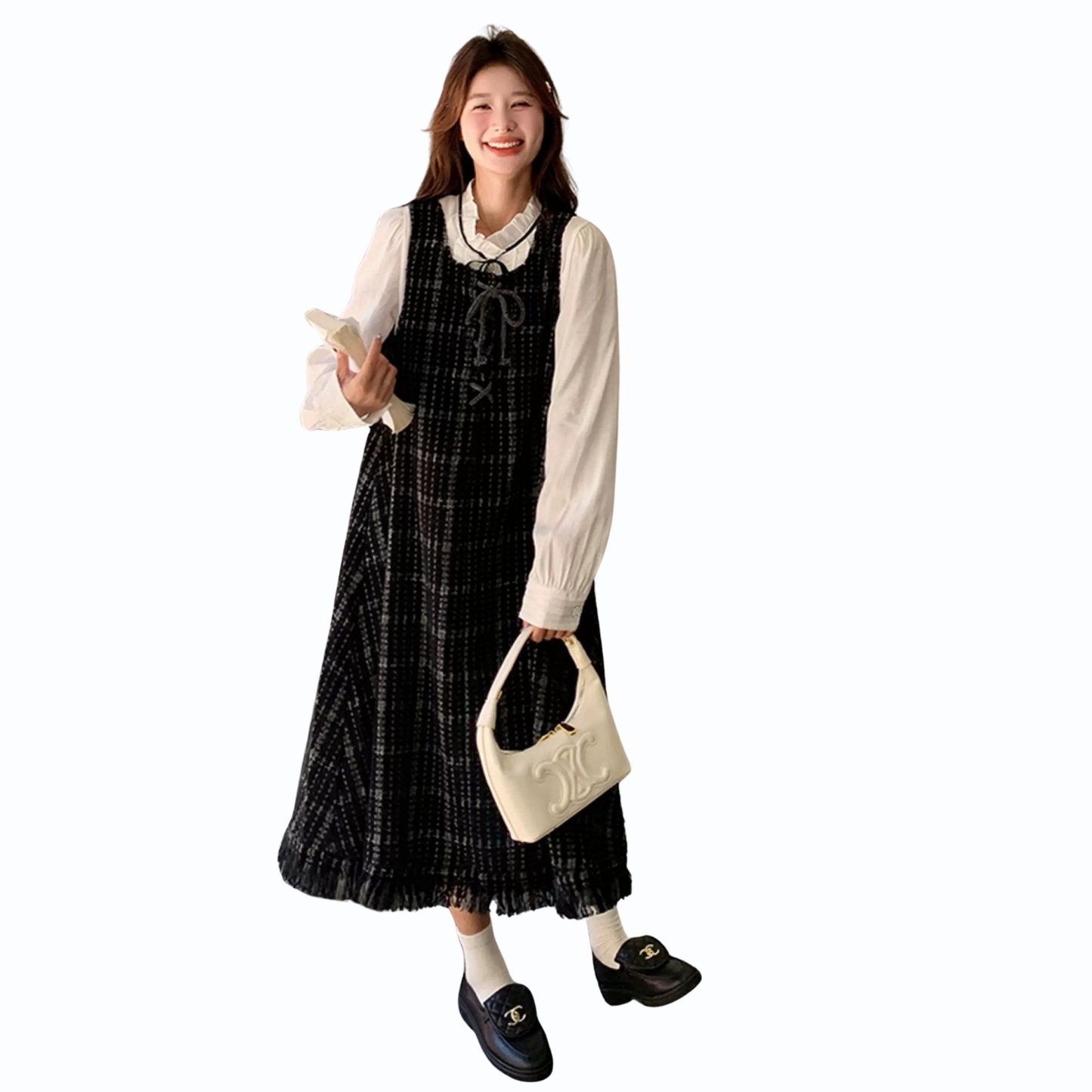 フリンジチェック柄ツイードフレアワンピース