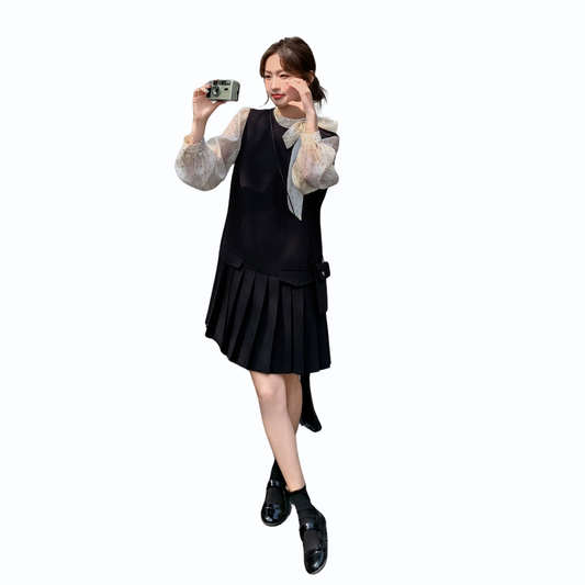 ドットシアーブラウス×プリーツワンピースセット