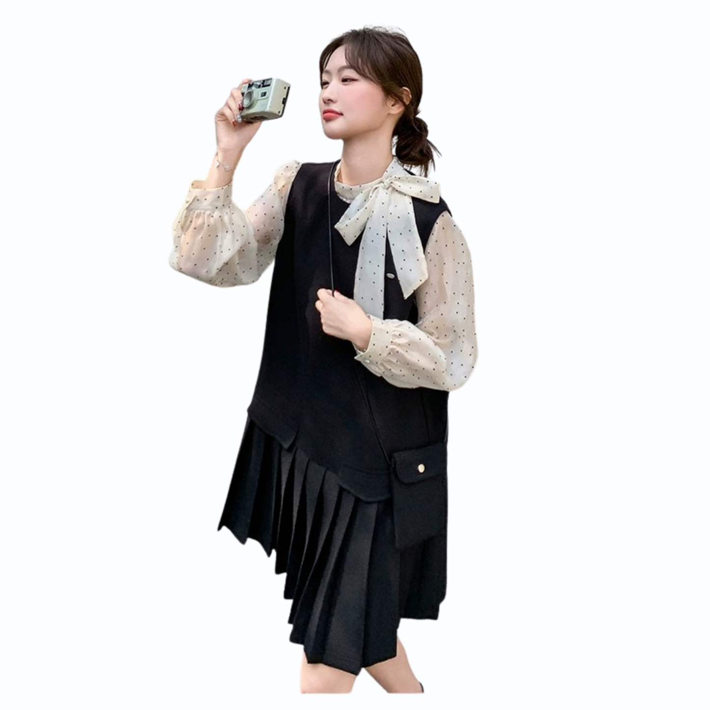 ドットシアーブラウス×プリーツワンピースセット