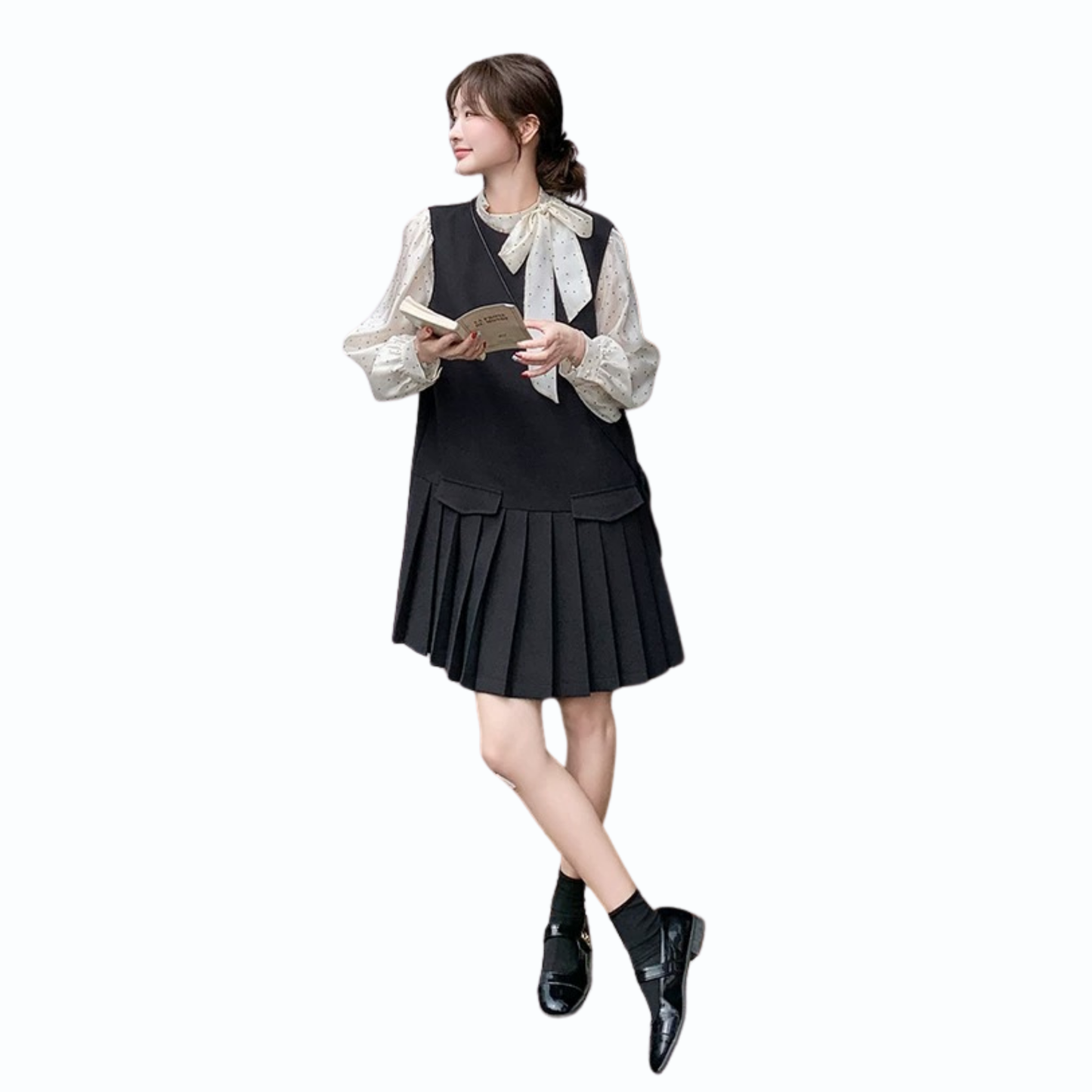 ドットシアーブラウス×プリーツワンピースセット